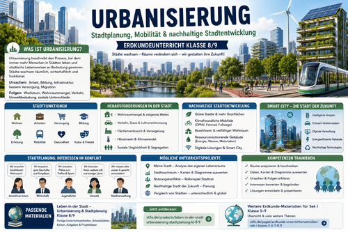 Infografik zu Urbanisierung und Stadtplanung im Erdkundeunterricht mit Stadtwachstum, Mobilität, Infrastruktur, nachhaltiger Stadtentwicklung und Smart City für Klasse 8/9.