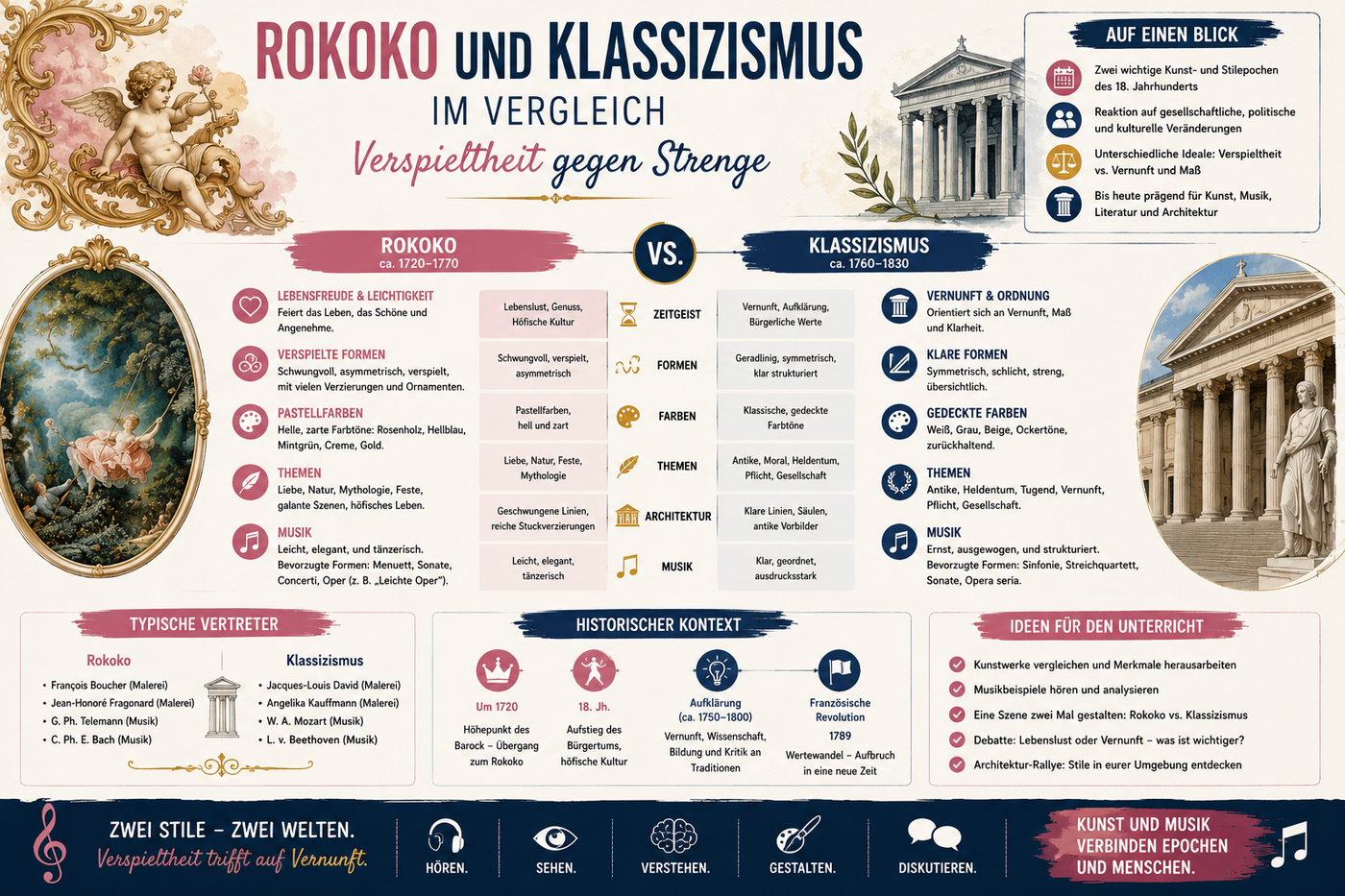 Rokoko und Klassizismus im Vergleich Infografik für Kunstunterricht mit Merkmalen Epochen Kunst und Unterrichtsmaterial
