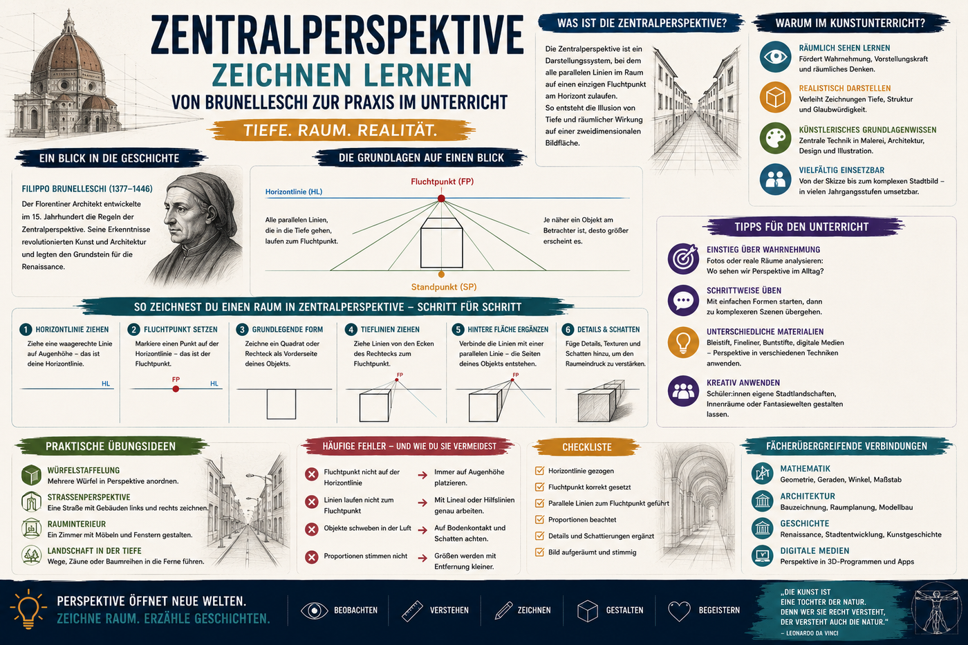 Zentralperspektive zeichnen lernen Infografik für Kunstunterricht mit Fluchtpunkt Horizontlinie Schritt für Schritt Anleitung und Unterrichtsmaterial