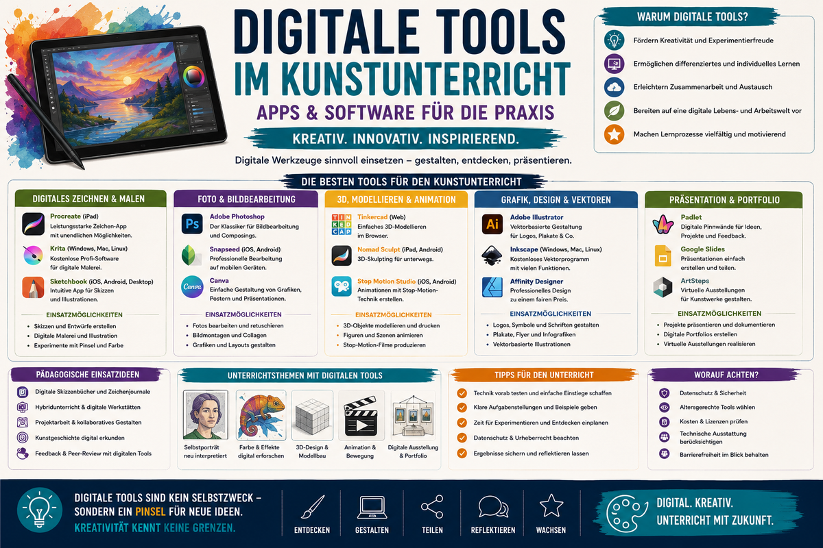 Digitale Tools im Kunstunterricht Infografik zu Apps Software kreativer Gestaltung digitalem Lernen und Unterrichtsmaterial