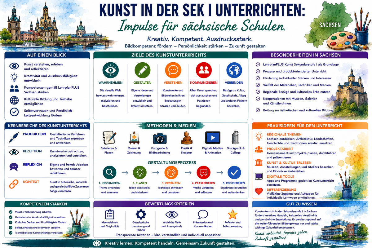 Kunstunterricht Sek I Sachsen Infografik mit kreativen Unterrichtsideen Praxisimpulsen und Unterrichtsmaterial für Kunst