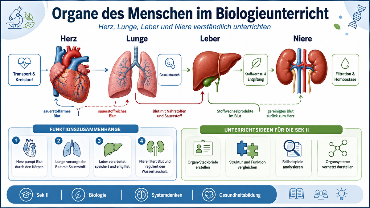 Infografik zu Organen des Menschen im Biologieunterricht mit Herz, Lunge, Leber, Niere, Organsystemen, Funktionszusammenhängen und Unterrichtsideen für die Sek II.