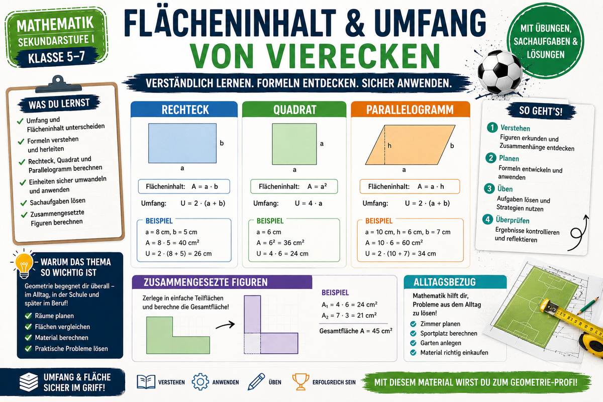 Infografik zum Mathematikunterricht über Flächeninhalt und Umfang von Vierecken mit Rechteck, Quadrat, Parallelogramm, Formeln, Sachaufgaben und Unterrichtsideen für die Sekundarstufe I.