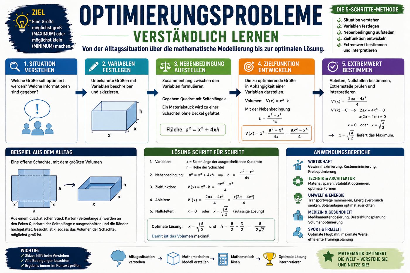 Optimierungsprobleme in der Analysis mit Modellierung, Extremwertaufgaben, realen Anwendungen, Ableitungen und Unterrichtsideen für die Oberstufe.