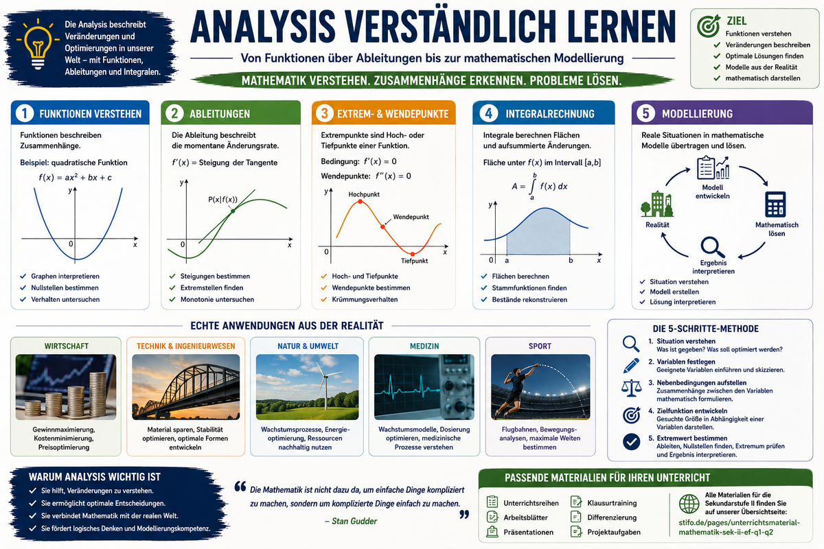 Infografik zu Analysis und Funktionen in der Oberstufe mit Funktionen, Ableitungen, Extrempunkten, Wendepunkten, Integralen, Modellierung und Unterrichtsideen.