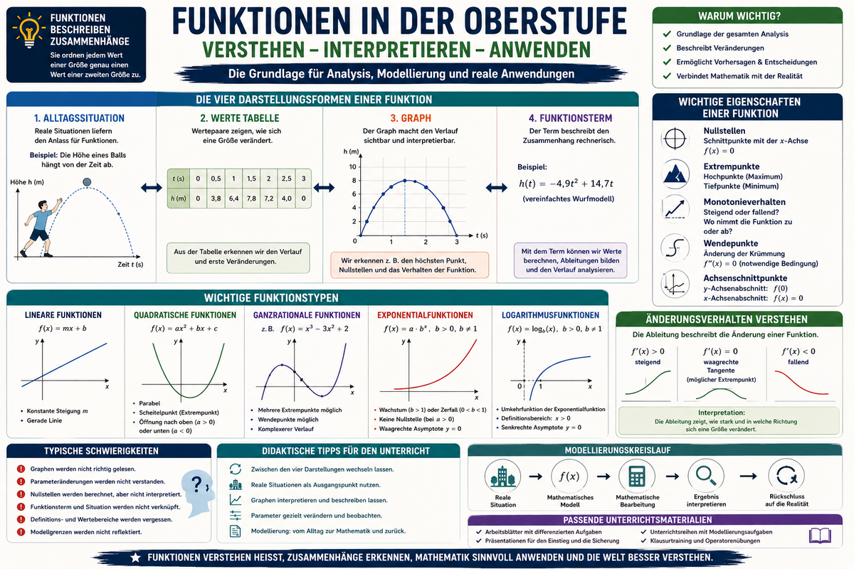 Infografik zu Funktionen in der Oberstufe mit Graphen, Funktionstermen, Nullstellen, Extrempunkten, Änderungsverhalten und Modellierung im Mathematikunterricht.
