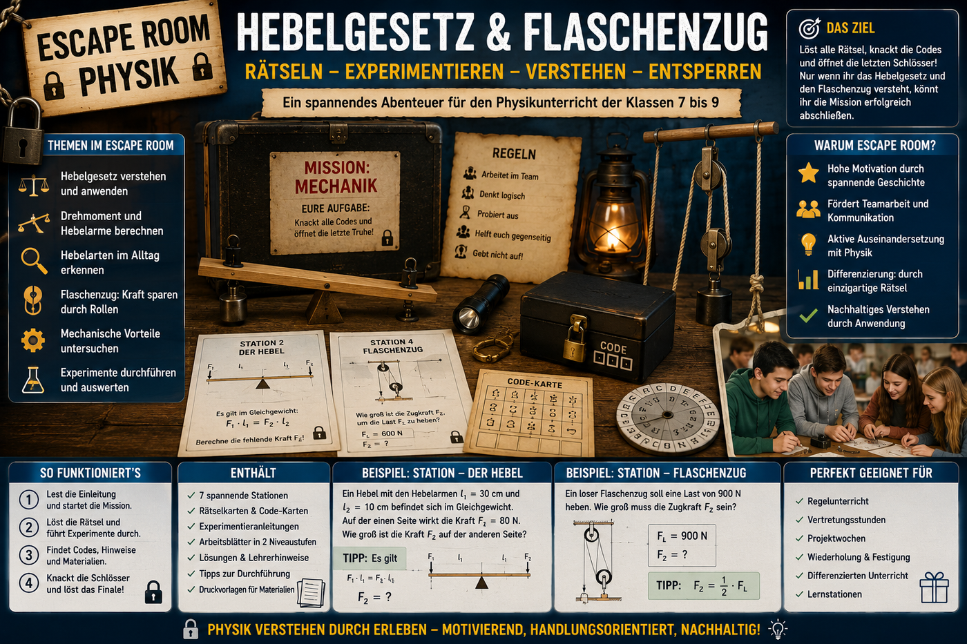 Escape Room zu Hebelgesetz und Flaschenzug für den Physikunterricht der Klassen 7 bis 9 mit Rätseln, Experimenten, Teamarbeit und Mechanik-Aufgaben.