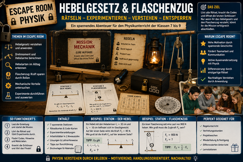 Escape Room zu Hebelgesetz und Flaschenzug für den Physikunterricht der Klassen 7 bis 9 mit Rätseln, Experimenten, Teamarbeit und Mechanik-Aufgaben.