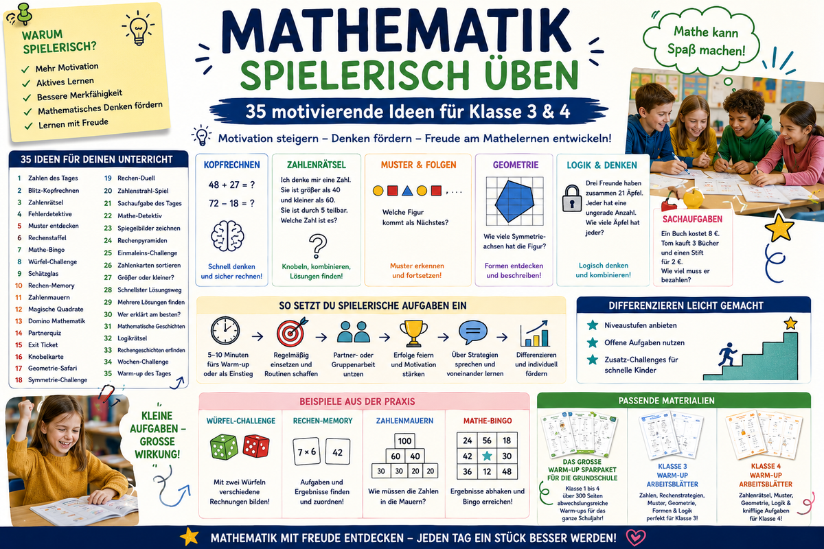 Infografik zu spielerischem Mathematikunterricht mit Zahlenrätseln, Kopfrechnen, Denkaufgaben, Mustern, Geometrie und kooperativen Lernspielen für Klasse 3 und 4.