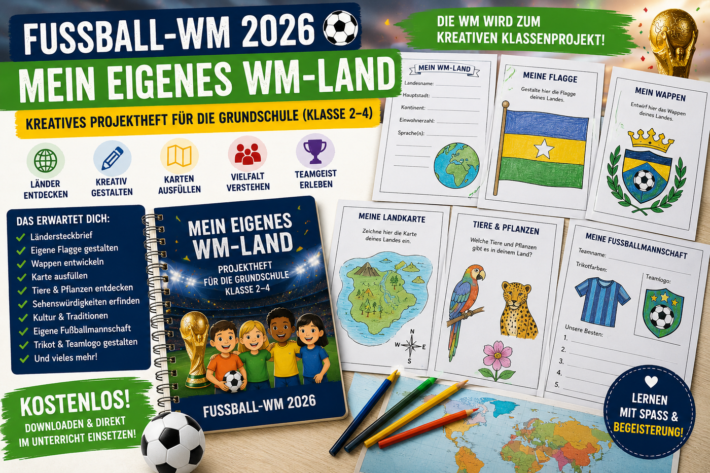 Projektheft zur Fußball-WM 2026 für die Grundschule mit eigenem WM-Land, Flagge, Karte, Kultur, Steckbrief, Kreativaufgaben und Länderwissen.