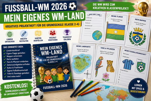 Projektheft zur Fußball-WM 2026 für die Grundschule mit eigenem WM-Land, Flagge, Karte, Kultur, Steckbrief, Kreativaufgaben und Länderwissen.