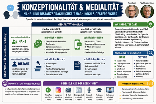 Infografik zu Konzeptionalität und Medialität nach Koch und Oesterreicher mit Nähe- und Distanzsprachlichkeit, medialer und konzeptioneller Mündlichkeit sowie Beispielen aus analoger und digitaler Kommunikation.