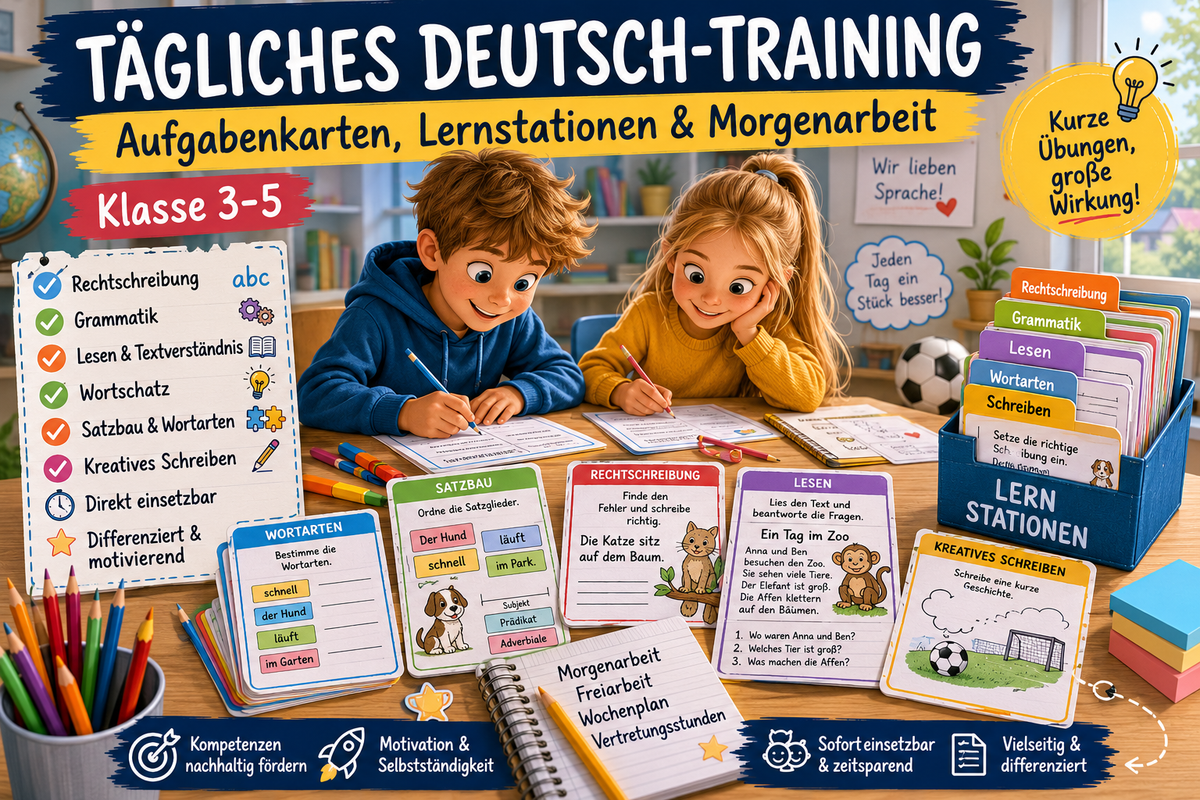 Aufgabenkarten und Lernstationen für das tägliche Deutsch-Training in Klasse 3 bis 5 mit Rechtschreibung, Grammatik, Lesen, Schreiben und Morgenarbeit.