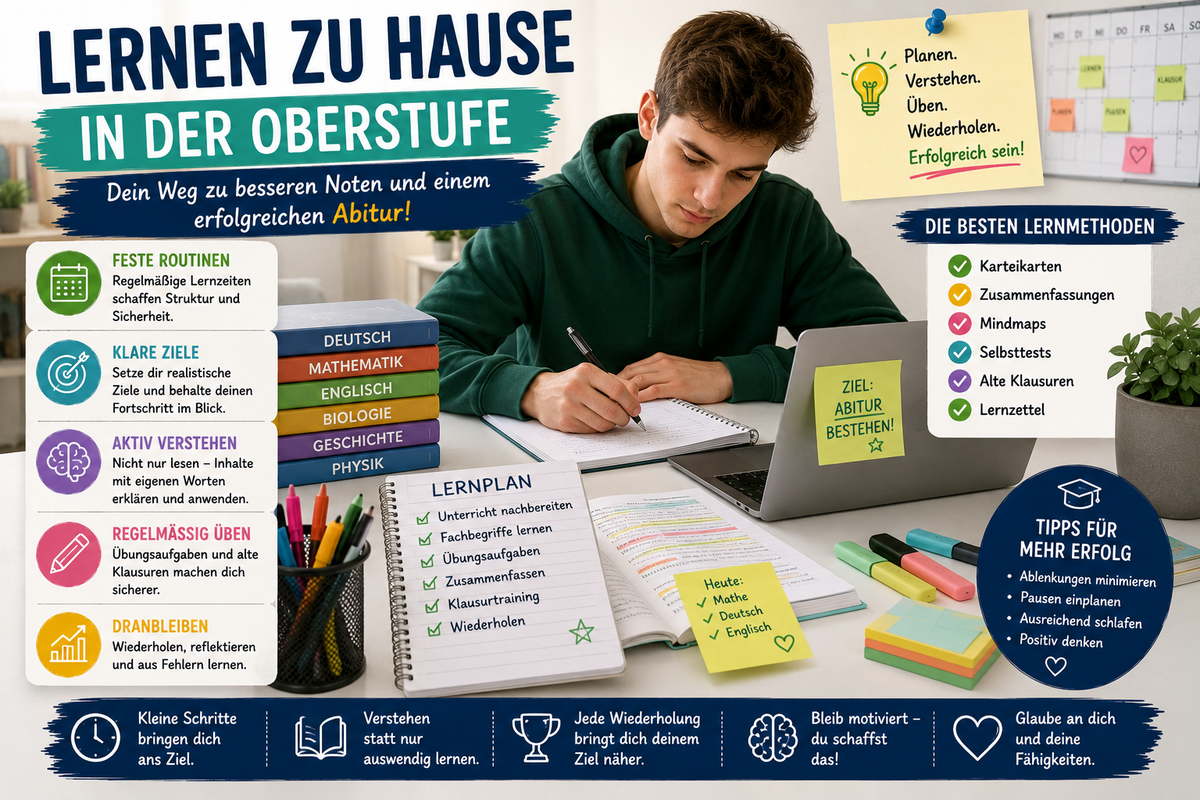 Oberstufenschüler lernt zu Hause mit Lernplan, Abiturmaterialien, Laptop, Büchern, Notizen und strukturierter Prüfungsvorbereitung.