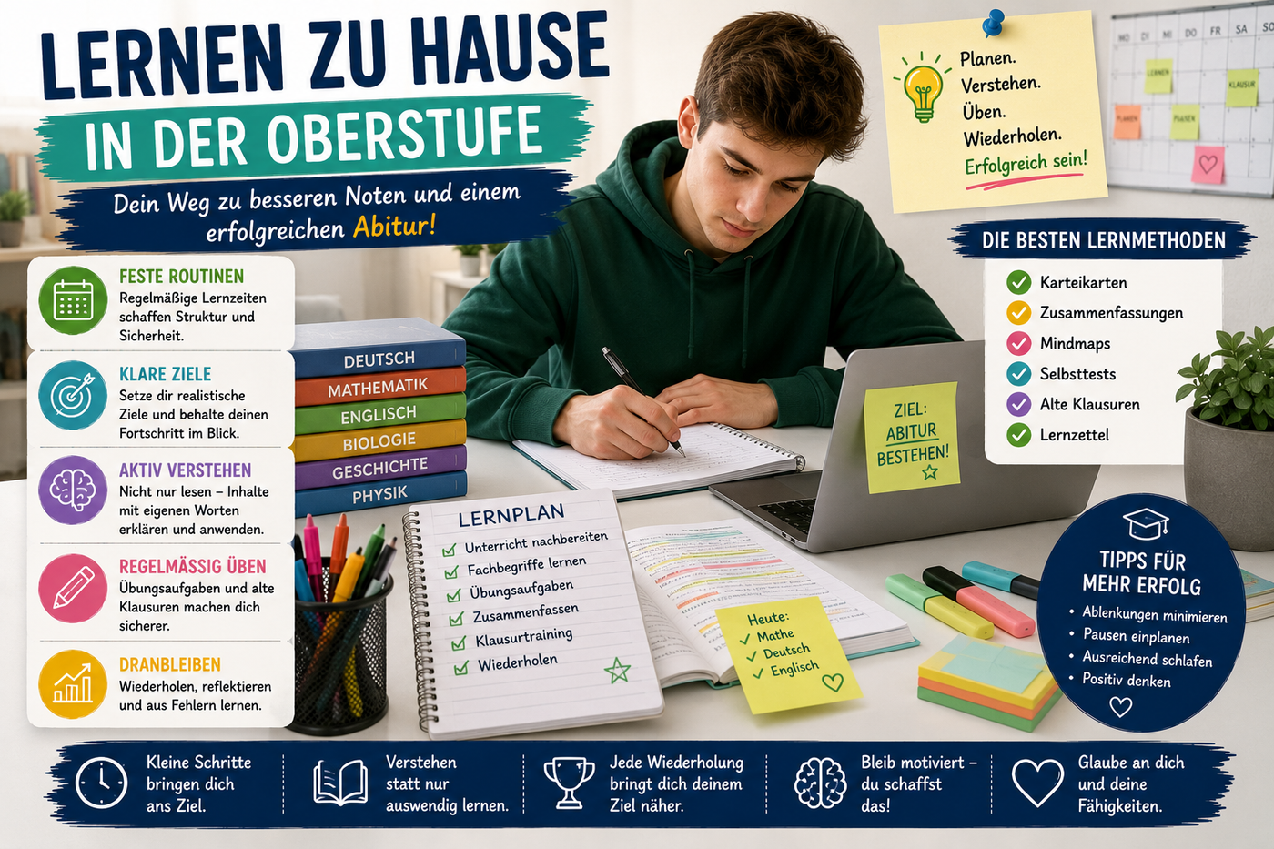 Oberstufenschüler lernt zu Hause mit Lernplan, Abiturmaterialien, Laptop, Büchern, Notizen und strukturierter Prüfungsvorbereitung.