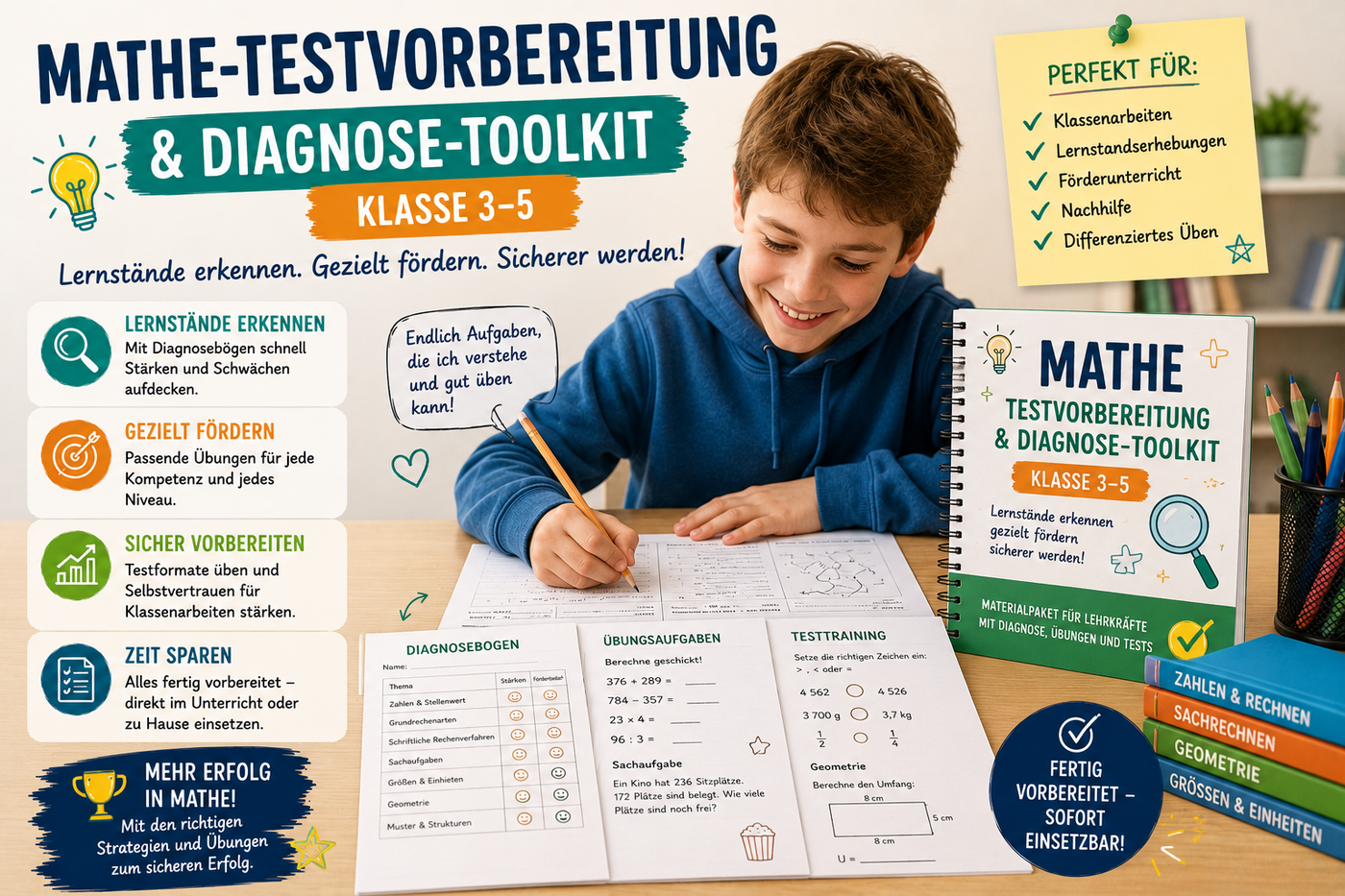 Mathe-Testvorbereitung und Diagnose für Klasse 3 bis 5 mit Arbeitsblättern, Lernstandsanalyse, Rechenaufgaben, Förderung und Klassenarbeitsvorbereitung.