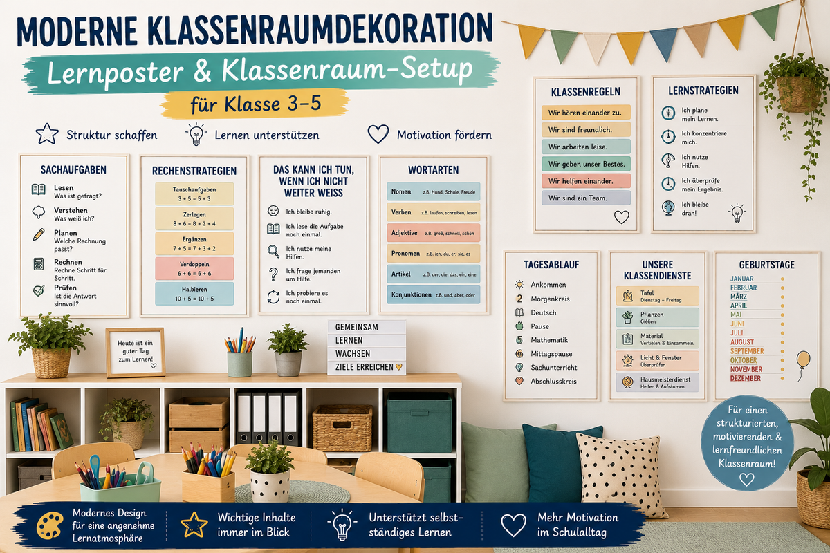Moderne Lernposter und Klassenraumdekoration für Klasse 3 bis 5 mit Organisationshilfen, Motivationspostern, Lernstrategien und ruhigem Klassenzimmerdesign.