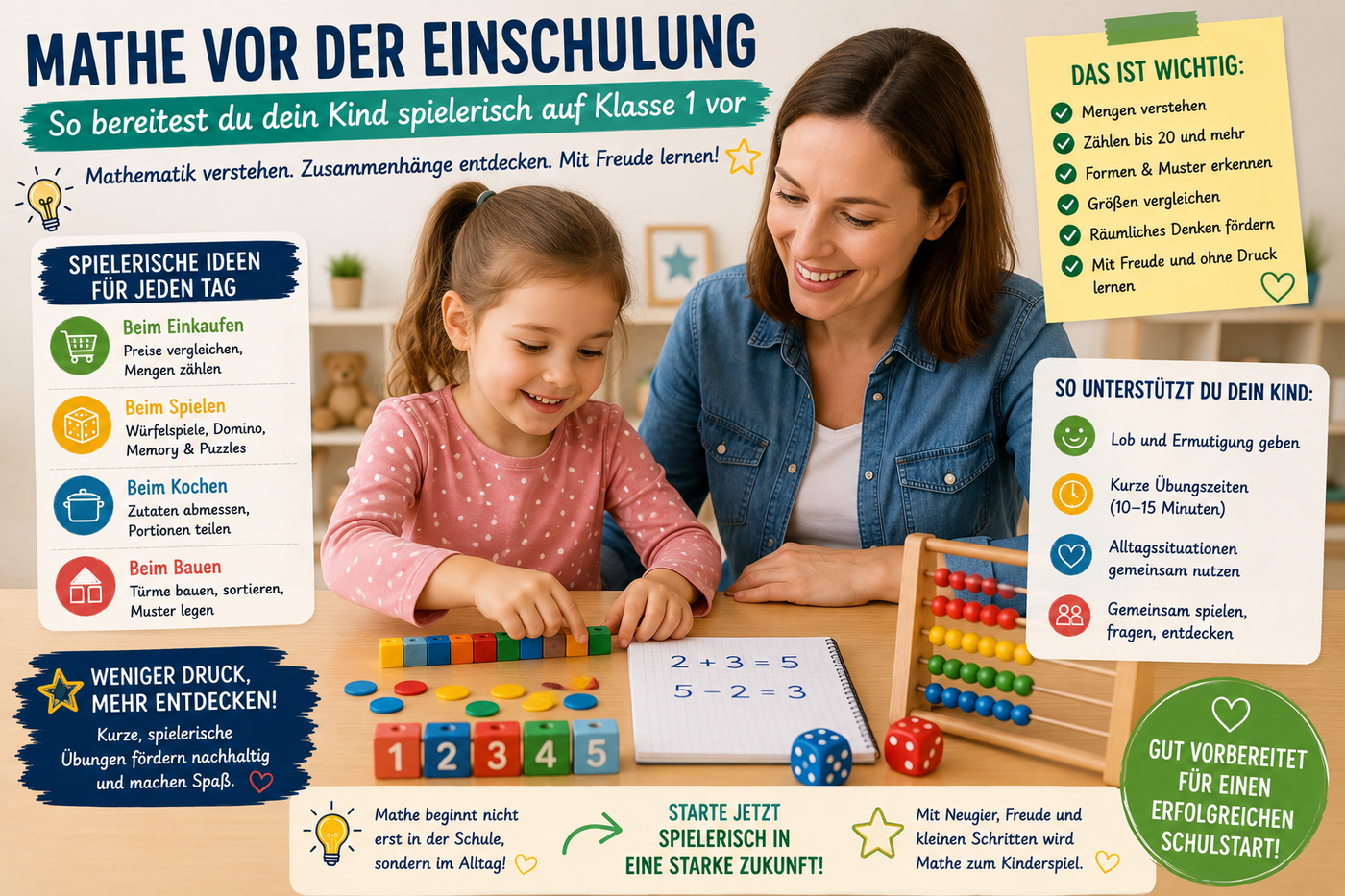 Kind zählt Bausteine und Würfel gemeinsam mit einem Elternteil zur spielerischen Vorbereitung auf Mathematik in Klasse 1.