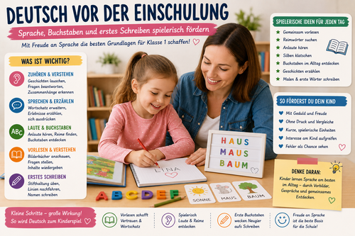 Kind entdeckt vor der Einschulung Buchstaben, Laute, Bilderbücher, Reime und erste Schreibübungen gemeinsam mit einem Elternteil.