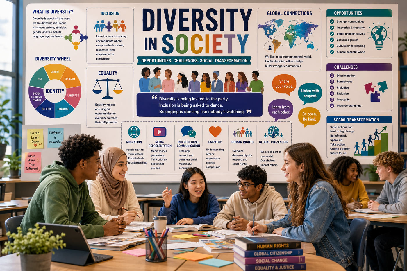Diversity in society high school classroom featuring inclusion, identity, social transformation, intercultural communication, global citizenship, and media literacy.