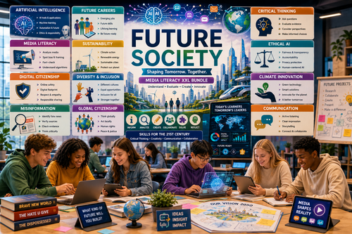 Future Society Media Literacy high school English classroom featuring AI, digital citizenship, sustainability, critical thinking, diversity, future skills, and global education.