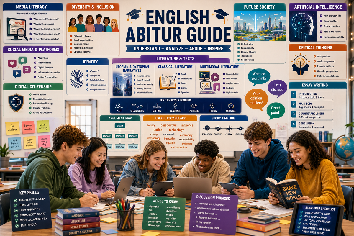 English Abitur study guide featuring media literacy, diversity, future society, artificial intelligence, utopian and dystopian narratives, multimodal literature, essay writing, discussion skills, and critical thinking for upper secondary students.