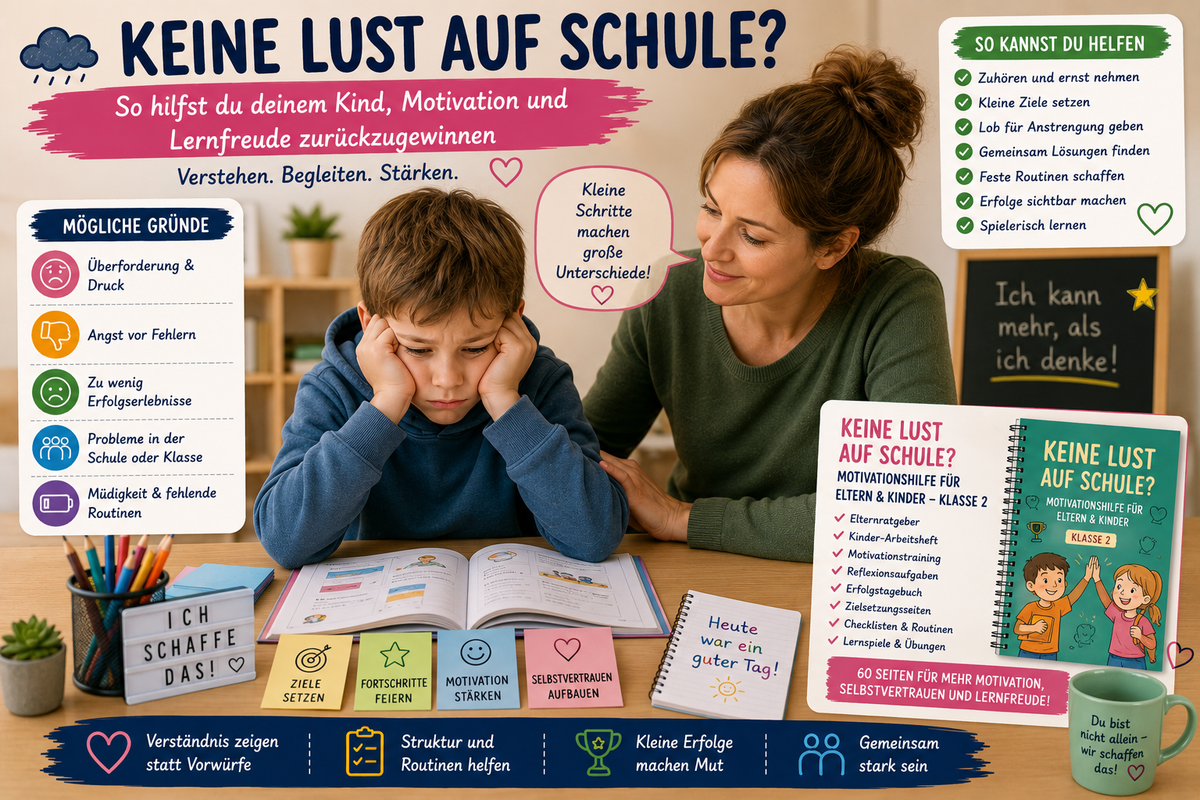 Kind sitzt mit Schulheft am Tisch, während ein Elternteil es liebevoll beim Lernen motiviert, mit Symbolen für Selbstvertrauen, Lernroutinen und Erfolgserlebnisse.