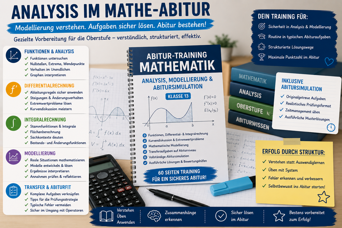 Mathematik-Abiturtraining zur Analysis mit Funktionen, Ableitungen, Integralen, Kurvendiskussion, Modellierung, Extremwertproblemen und Abitursimulation.