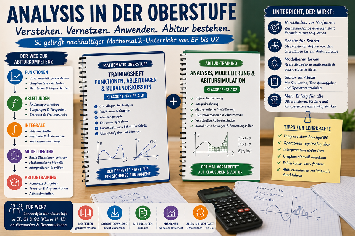 Infografik zum Analysis-Unterricht in der Oberstufe mit Funktionen, Ableitungen, Integralen, Kurvendiskussion, Modellierung, Diagnose und Abiturvorbereitung.