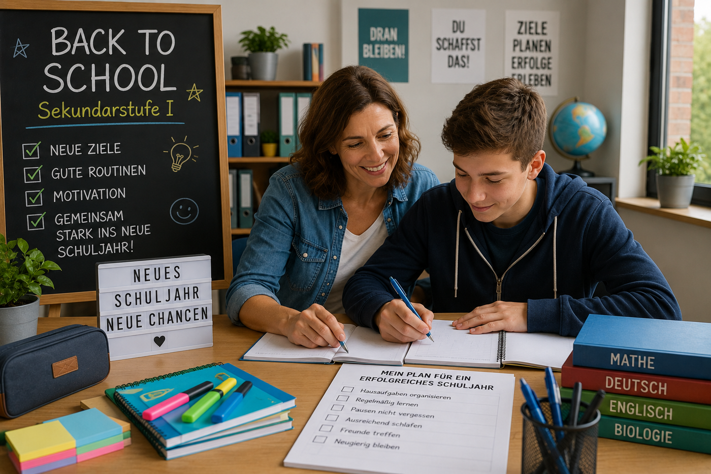 Jugendlicher plant gemeinsam mit einem Elternteil den Schulstart in der Sekundarstufe I und organisiert Lernmaterialien für das neue Schuljahr.
