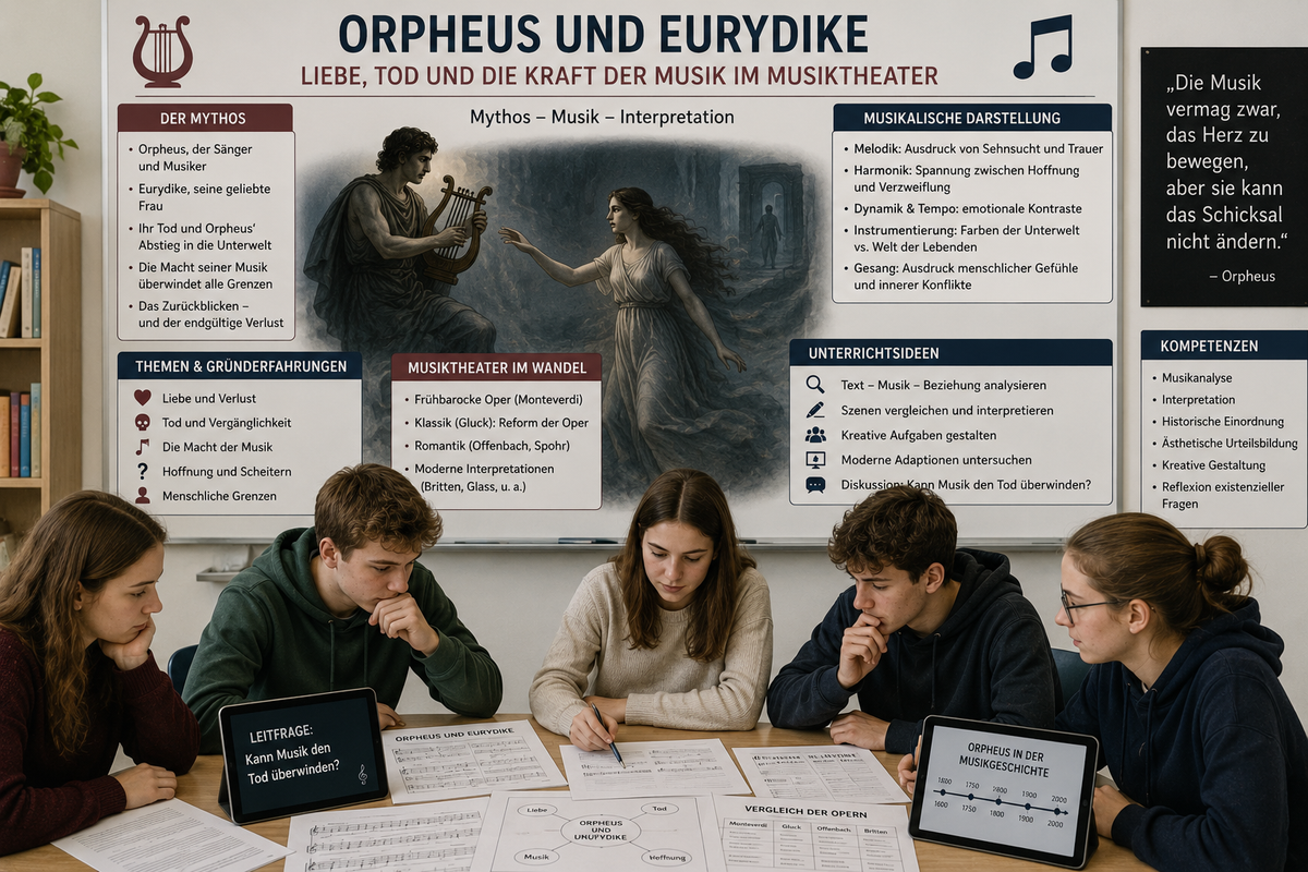 Schülerinnen und Schüler analysieren den Mythos von Orpheus und Eurydike sowie die Darstellung von Liebe und Tod im Musiktheater der Oberstufe.