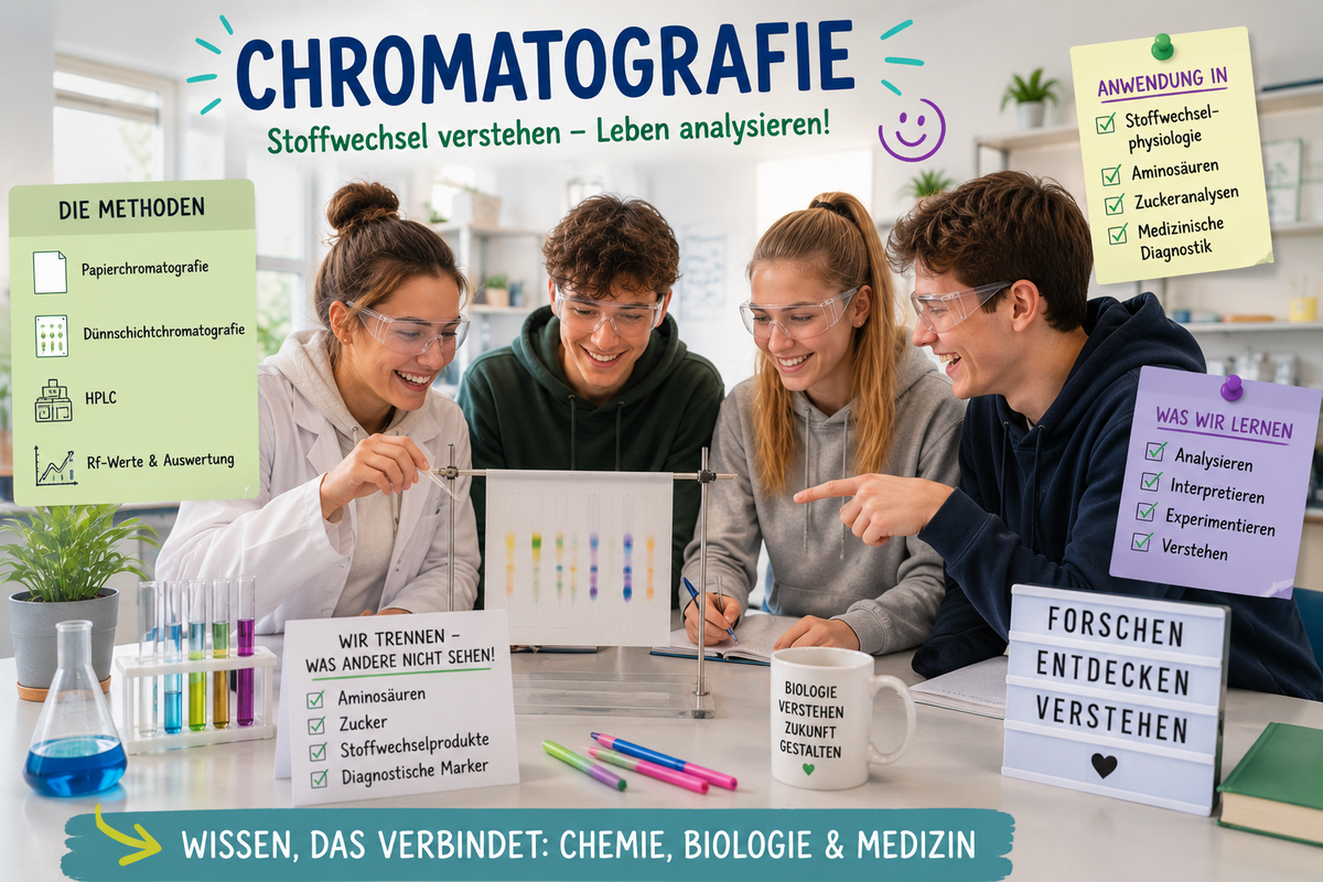 Schülerinnen und Schüler analysieren Chromatogramme zu Aminosäuren, Zucker und Stoffwechselprodukten im Biologieunterricht der Oberstufe.