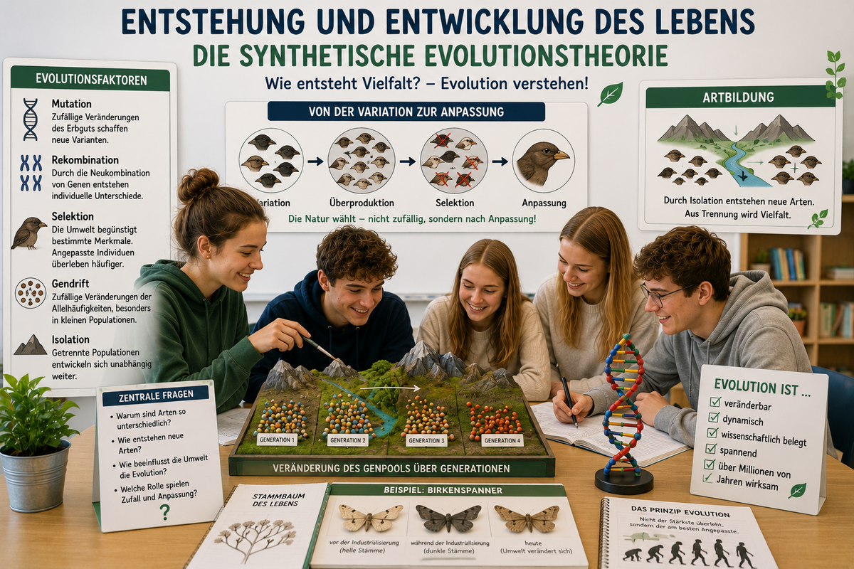 Schülerinnen und Schüler analysieren Mutation, Rekombination, Selektion, Gendrift und Artbildung im Biologieunterricht der Oberstufe.