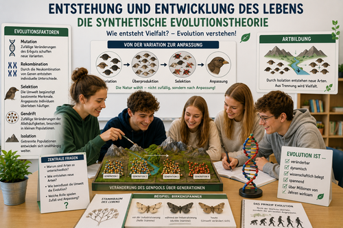 Schülerinnen und Schüler analysieren Mutation, Rekombination, Selektion, Gendrift und Artbildung im Biologieunterricht der Oberstufe.