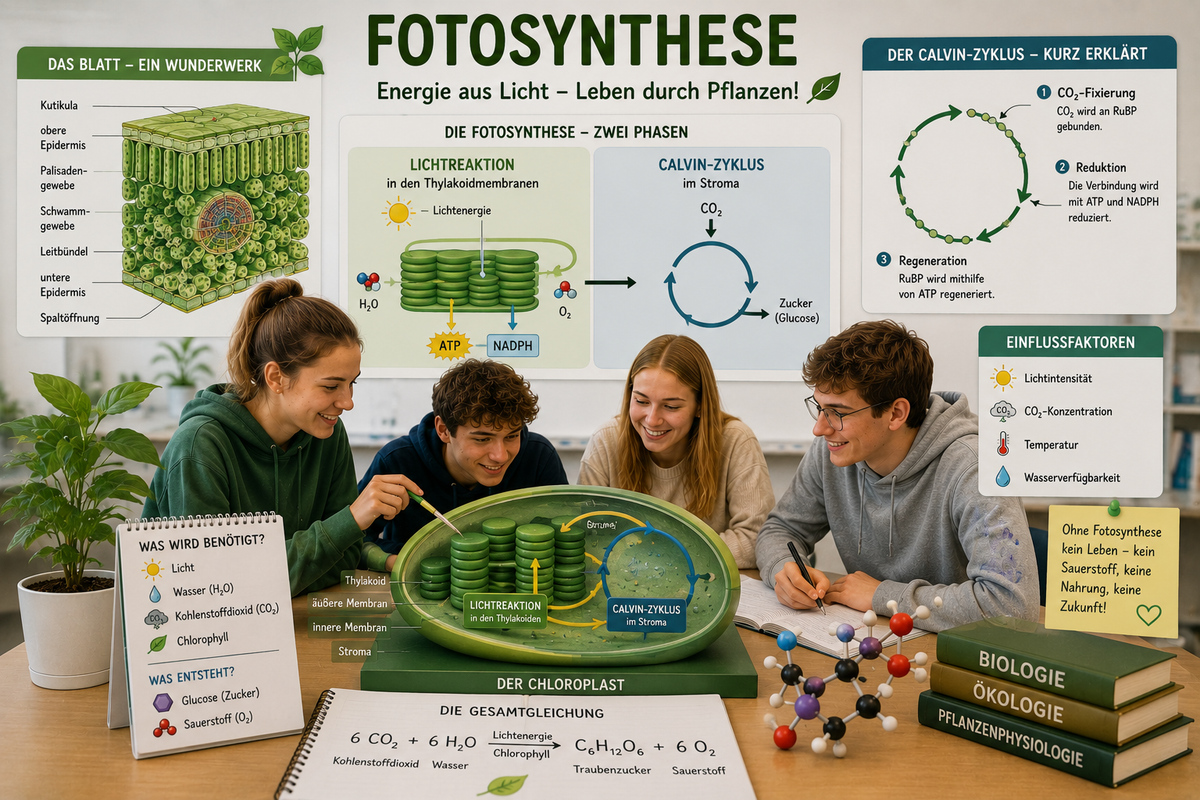 Schülerinnen und Schüler analysieren Fotosynthese, Blattaufbau, Chloroplasten und Calvin-Zyklus im Biologieunterricht der Oberstufe.