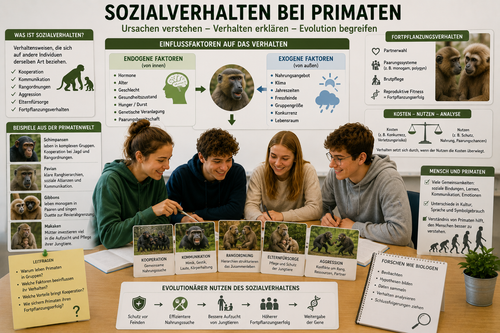 Schülerinnen und Schüler analysieren Sozialverhalten, exogene und endogene Ursachen, Kooperation sowie Fortpflanzungsverhalten bei Primaten im Biologieunterricht der Oberstufe.