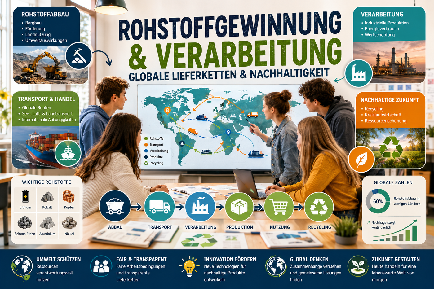 Schülerinnen und Schüler analysieren globale Lieferketten sowie Rohstoffgewinnung, Verarbeitung und Nachhaltigkeit anhand moderner Infografiken im Biologieunterricht der Oberstufe.