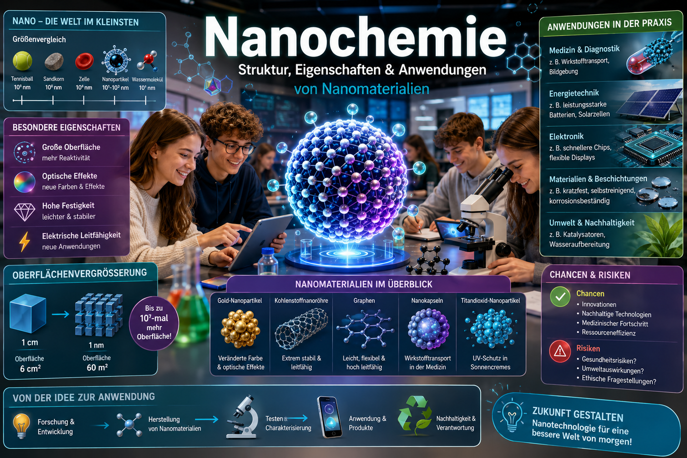 Nanochemie Unterricht Sek II – Nanomaterialien, Nanostrukturen, Molekülmodelle, moderne Chemie und Anwendungen der Nanotechnologie.