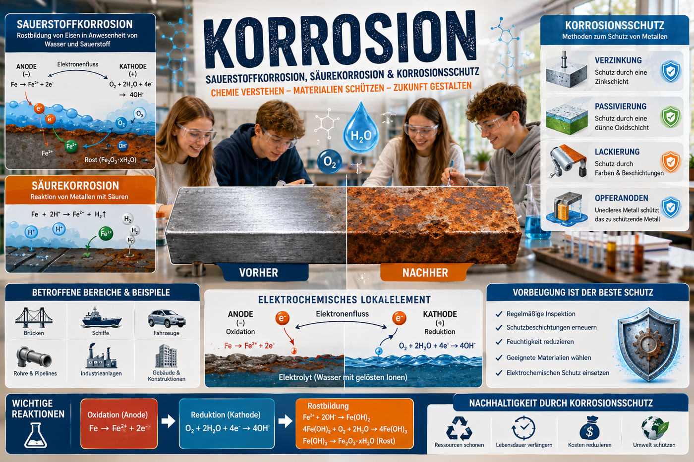 Korrosion Unterricht Sek II – Sauerstoffkorrosion, Säurekorrosion, Korrosionsschutz, Elektrochemie und Rostbildung im Chemieunterricht.