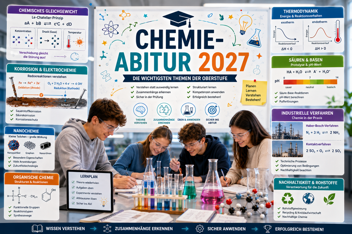 Chemie Abitur 2027 Vorbereitung – wichtigste Themen der Oberstufe mit Le-Chatelier-Prinzip, Korrosion, Nanochemie, Elektrochemie und Thermodynamik.