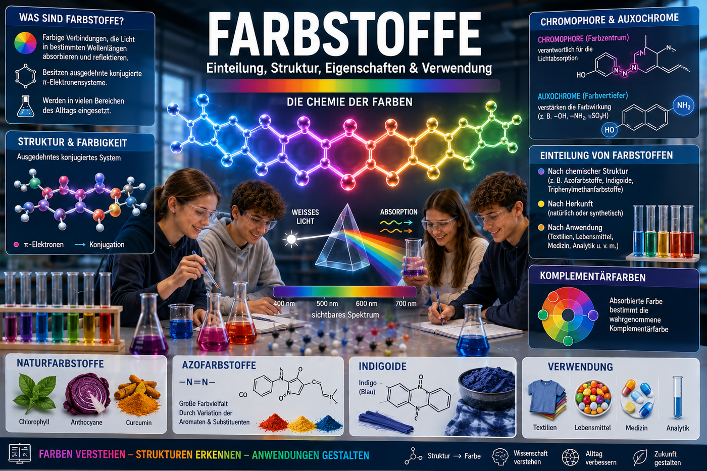 Farbstoffe Unterricht Sek II – Chromophore, Auxochrome, Lichtabsorption, Azofarbstoffe und organische Chemie für die Oberstufe.
