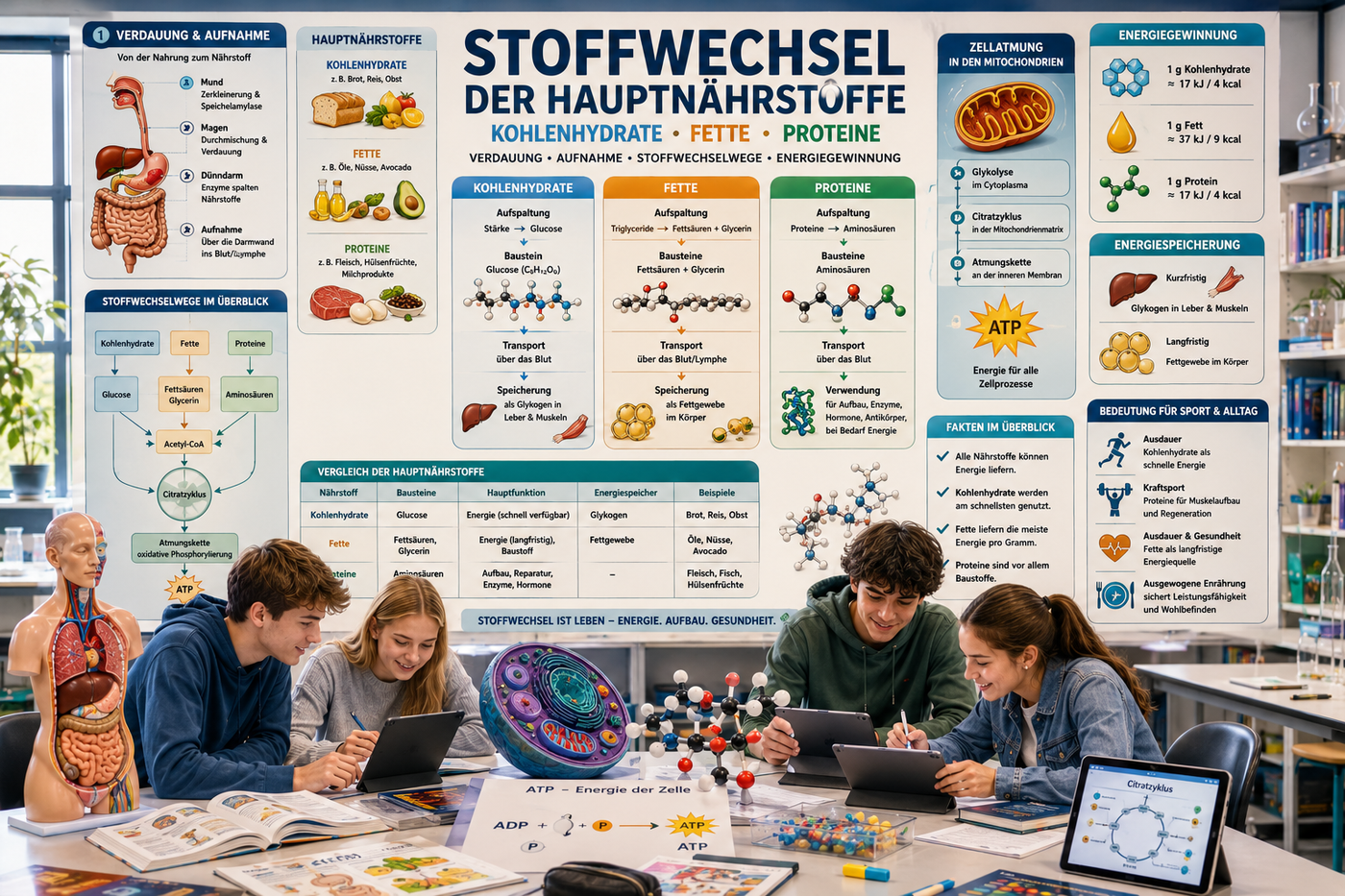 Stoffwechsel der Hauptnährstoffe Unterricht Sek II – Kohlenhydrate, Fette, Proteine, Zellatmung, ATP-Bildung und Stoffwechselphysiologie verständlich erklärt.