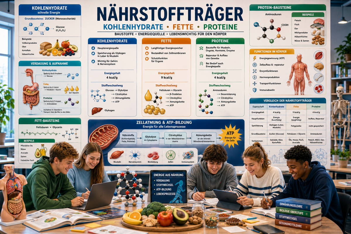 Schülerinnen und Schüler analysieren Kohlenhydrate, Fette und Proteine mithilfe moderner Ernährungs- und Stoffwechselinfografiken.