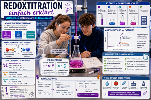 Redoxtitration einfach erklärt für Schüler – Redoxreaktionen, Äquivalenzpunkt, Stoffmenge berechnen und Chemie-Abitur Vorbereitung.
