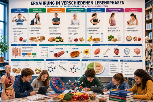 Ernährung in verschiedenen Lebensphasen Unterricht Sek II – Nährstoffbedarf, Energiebedarf, Schwangerschaft, Sport, Wachstum und Ernährungslehre verständlich erklärt.