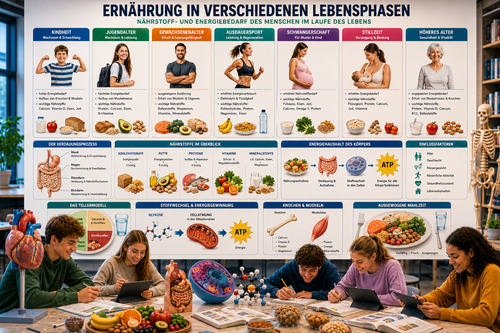 Ernährung in verschiedenen Lebensphasen Unterricht Sek II – Energiebedarf, Nährstoffbedarf, Stoffwechsel, Wachstum, Schwangerschaft, Sport und Ernährungslehre verständlich erklärt.