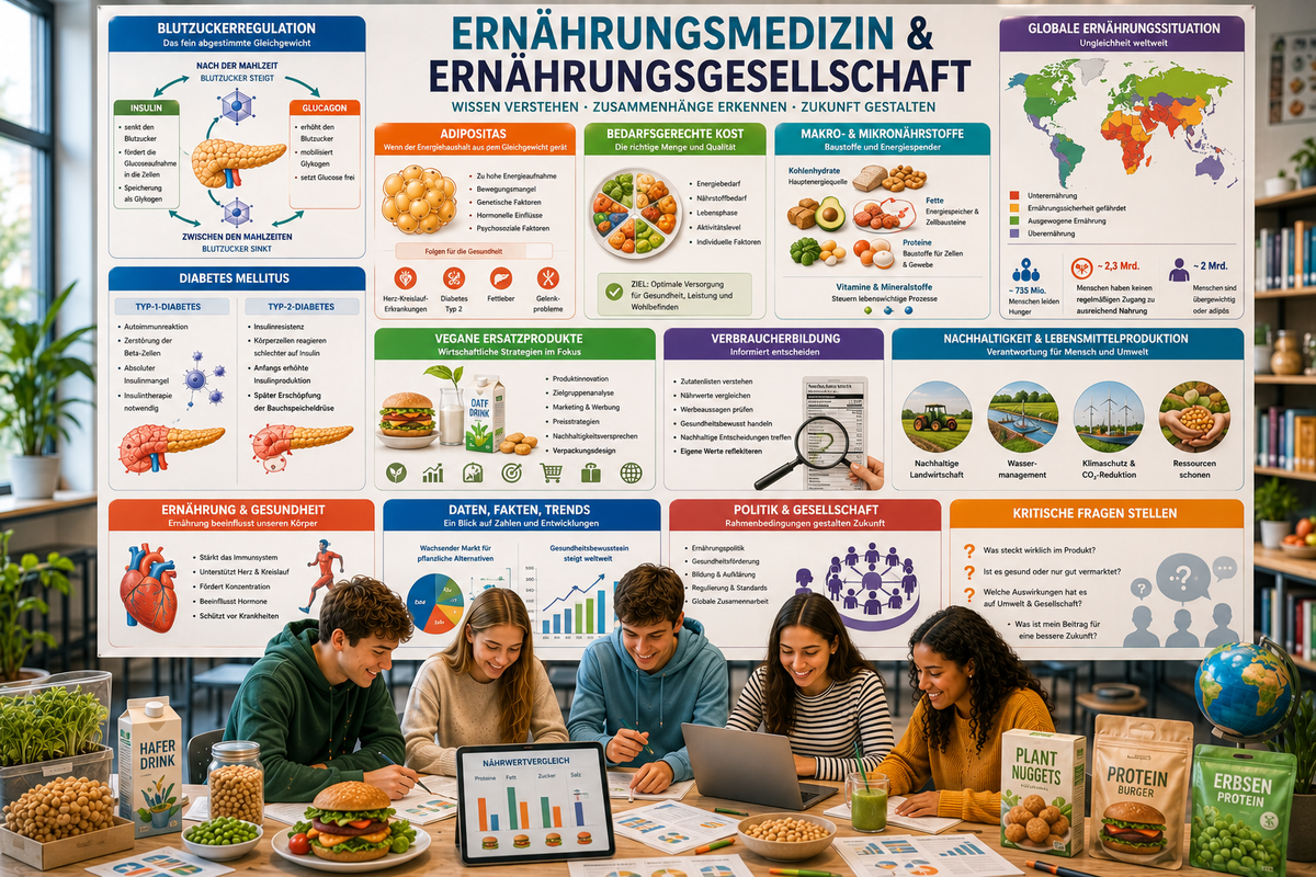 Ernährungsmedizin Unterricht Sek II – Diabetes, Adipositas, Ernährungsgesellschaft, globale Ernährung, Verbraucherbildung, Nachhaltigkeit und Ernährungslehre verständlich erklärt.