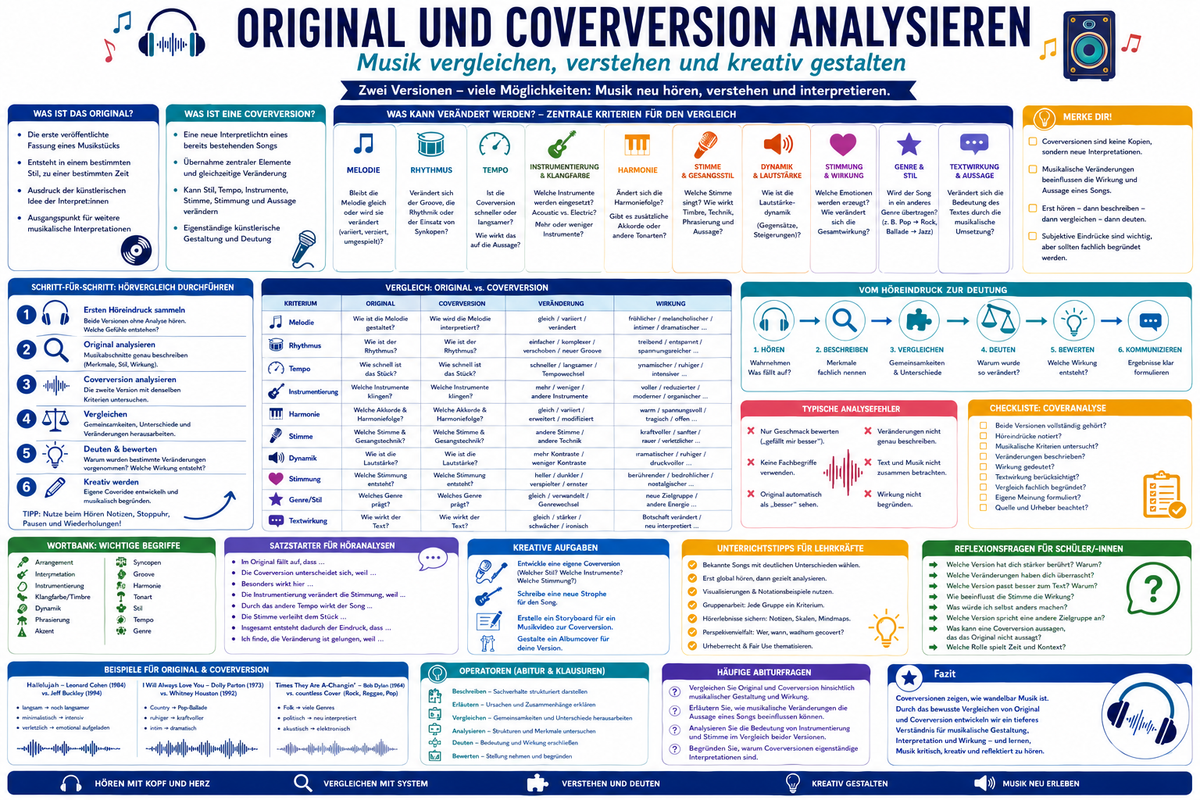 Original und Coverversion im Musikunterricht analysieren: Infografik zu Hörvergleich, Arrangement, Tempo, Rhythmus, Instrumentierung, Stimme, Wirkung, Genrewechsel und kreativer Musikgestaltung.