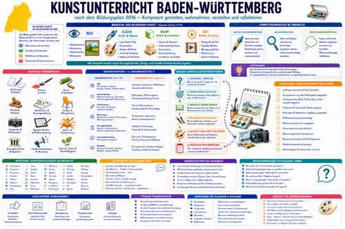 Kunstunterricht nach dem Bildungsplan Baden-Württemberg planen: Infografik zu Bildender Kunst, Bild, Fläche, Grafik, Malerei, Raum, Plastik, Architektur, Medien, Aktion, Bildanalyse, Gestaltungskompetenz und Unterrichtsideen für Sek I und Sek II.