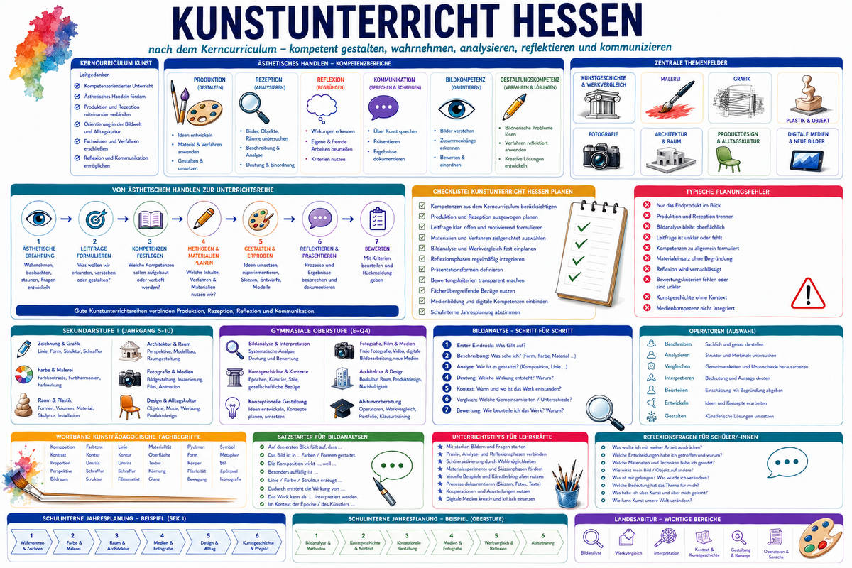 Infografik zu Kunstunterricht in Hessen mit Kerncurriculum, Produktion, Rezeption, Bildanalyse und Oberstufe.